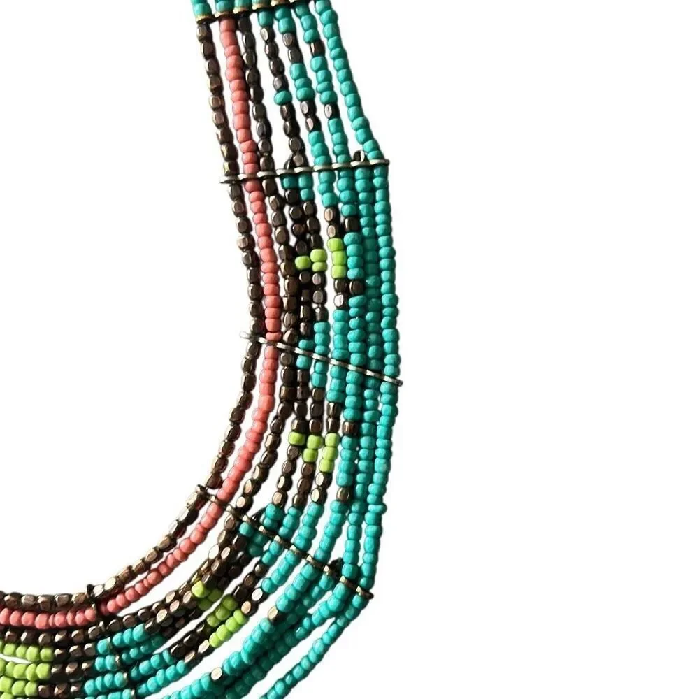 Vintage Boho Tribal Beaded Collar Bib Necklace Multi Strand Seed Beads Southwest